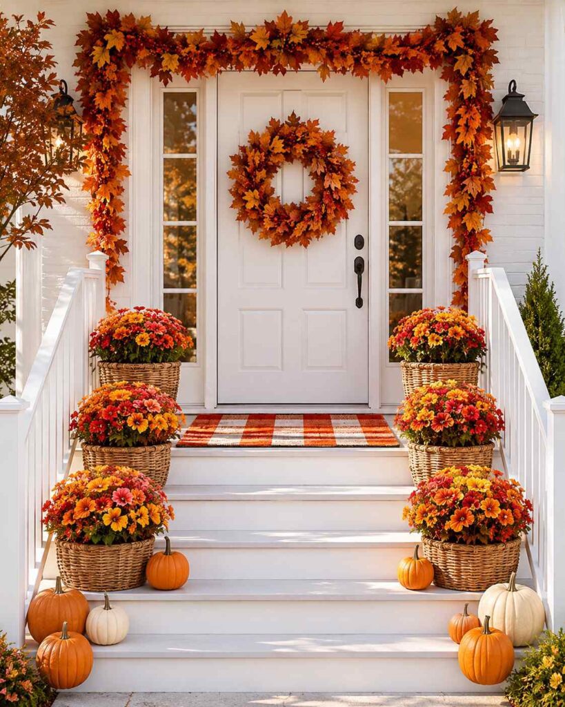 Modern farmhouse porch decorated with woven flower baskets and seasonal autumn blooms.
