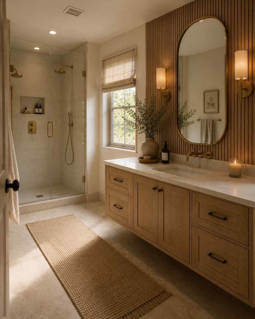 17 Cozy Bathroom Ideas to Create a Warm and Relaxing Retreat 2 Modern organic bathroom with a white oak vanity, slatted wood wall, walk-in shower, and warm neutral finishes.