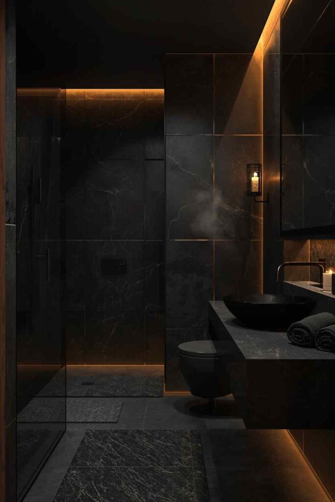 17 Cozy Bathroom Ideas to Create a Warm and Relaxing Retreat 17 Moody dark bathroom with charcoal stone walls, warm lighting, and a modern luxury design.