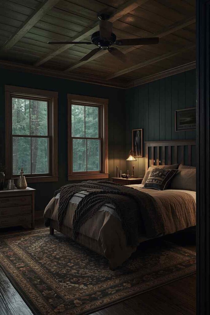 17 Vintage Bedroom Ideas That Feel Cozy, Elegant & Timeless 17 Dark moody rustic cabin style bedroom with deep green walls, large wooden window frames showing forest views, and a cozy winter-ready plaid blanket.