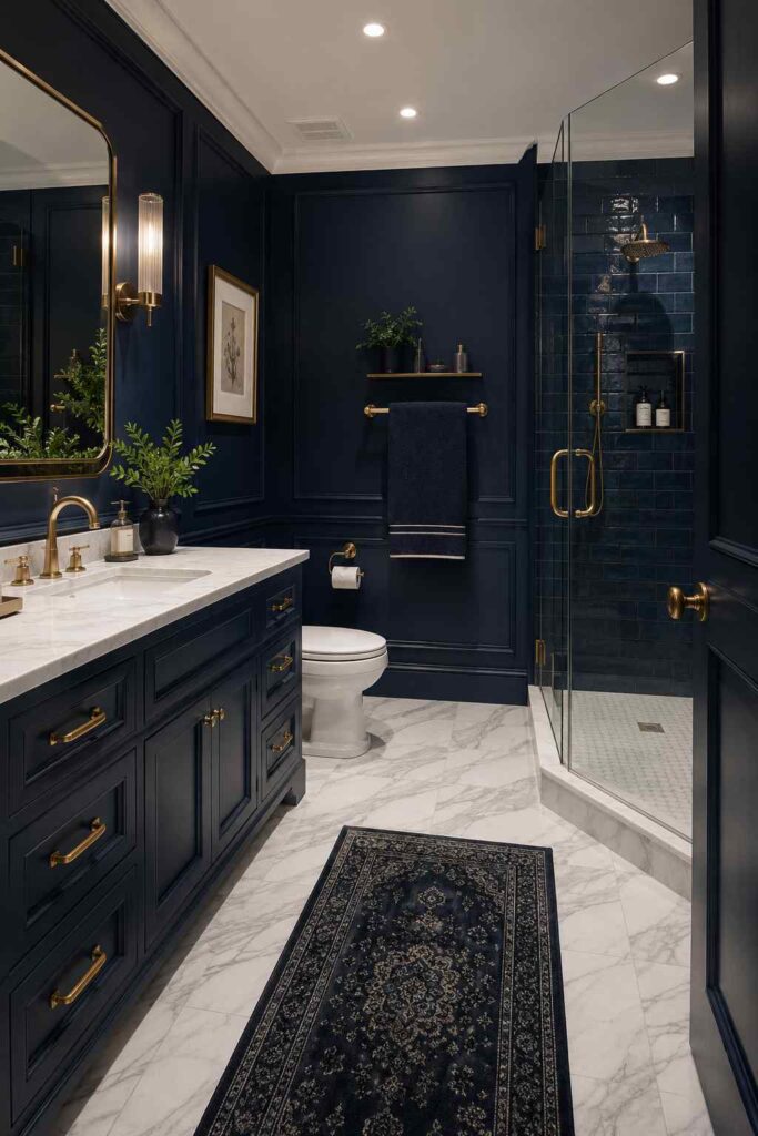 17 Cozy Bathroom Ideas to Create a Warm and Relaxing Retreat 8 Moody navy blue bathroom with brass accents, marble flooring, and timeless traditional details.