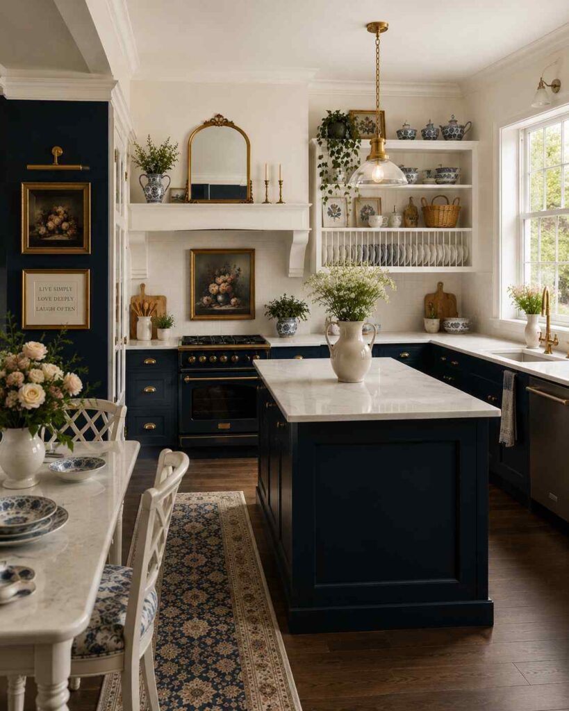 Navy blue cottagecore kitchen with elegant vintage styling, warm lighting and cozy luxury details.
