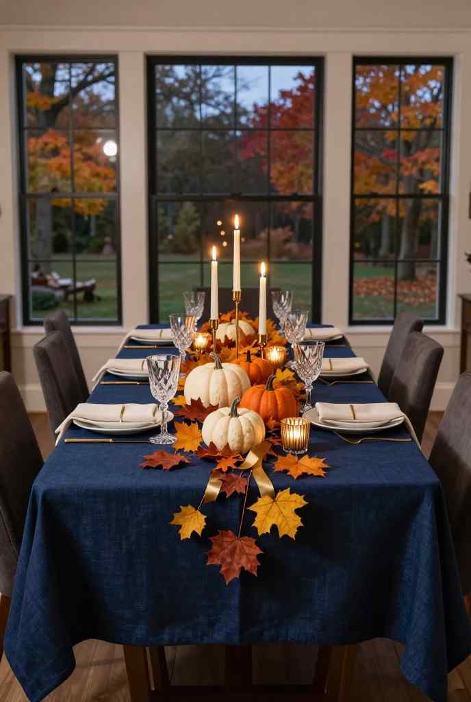 Navy blue fall dining table with pumpkins, candles and elegant seasonal styling