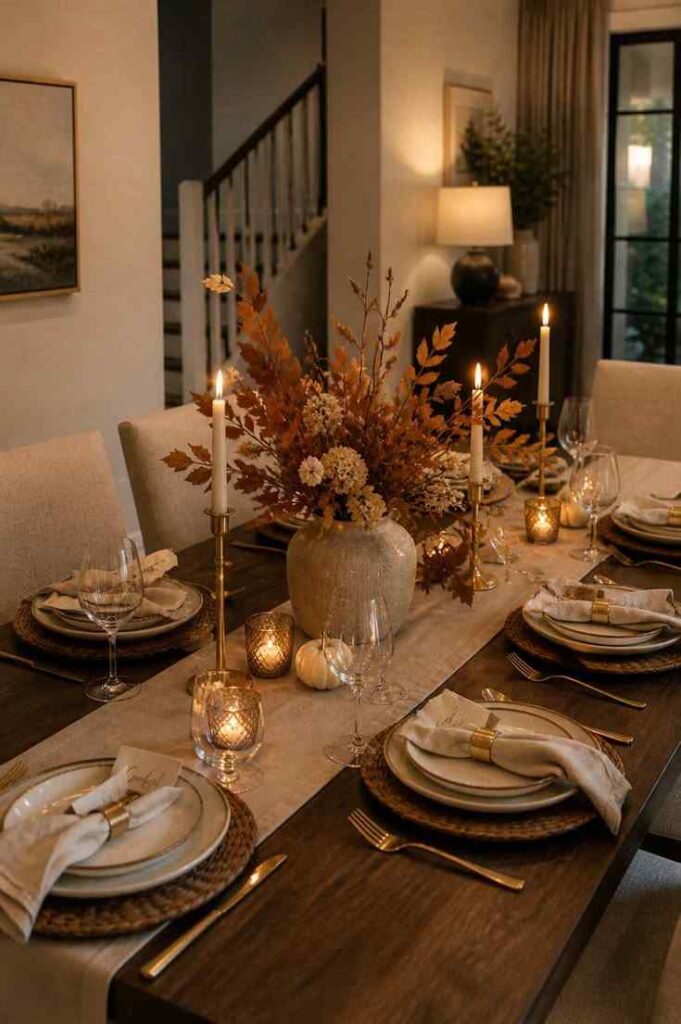 Neutral rustic harvest tablescape with warm linen, candles and natural textures