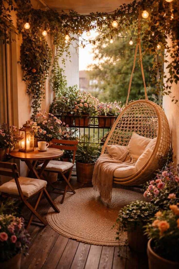Romantic Parisian style balcony cave enclosed with thick green vines, fairy lights, and a wicker egg swing chair.