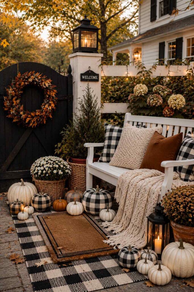 Cozy porch corner with buffalo check pumpkins, layered rugs and knit throw blanket.