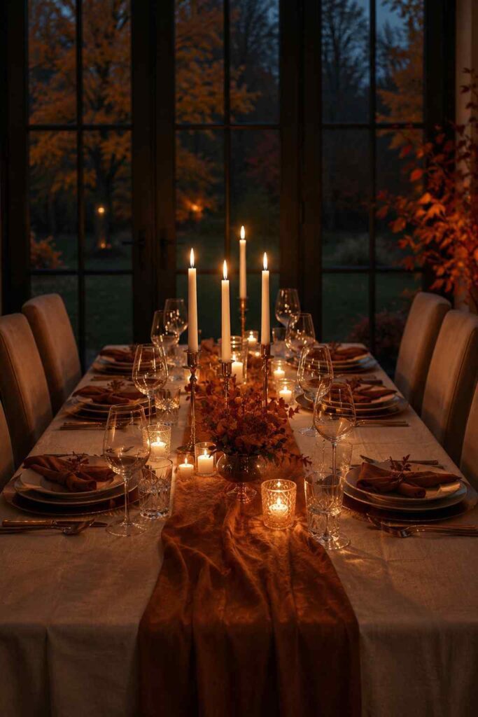 Romantic candlelit autumn dinner table with soft glowing candles and elegant decor