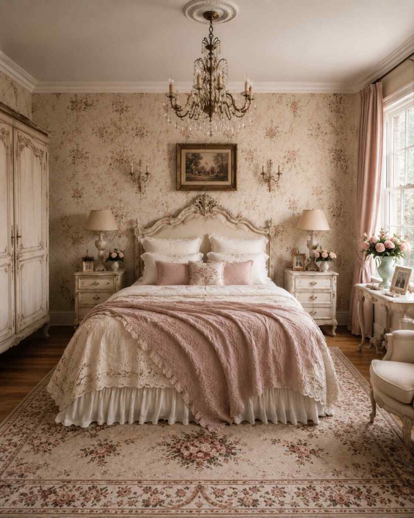 17 Vintage Bedroom Ideas That Feel Cozy, Elegant & Timeless 9 legant French country vintage bedroom with cream floral wallpaper, an antique white carved wooden bed frame, a detailed chandelier, and classic European charm.