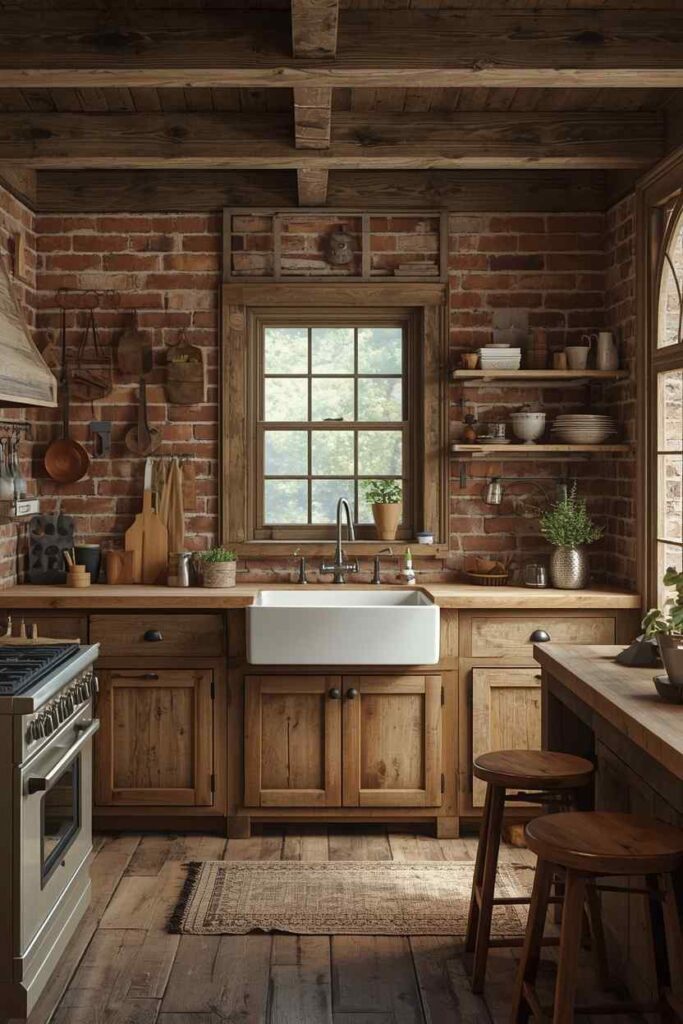 Rustic farmhouse cottagecore kitchen with wooden beams, vintage charm and warm cozy styling.