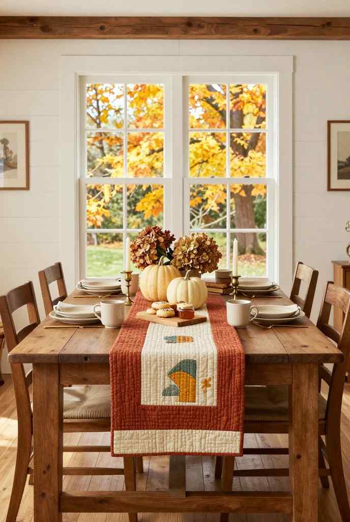 Rustic farmhouse fall dining table with warm wood tones and seasonal centerpiece
