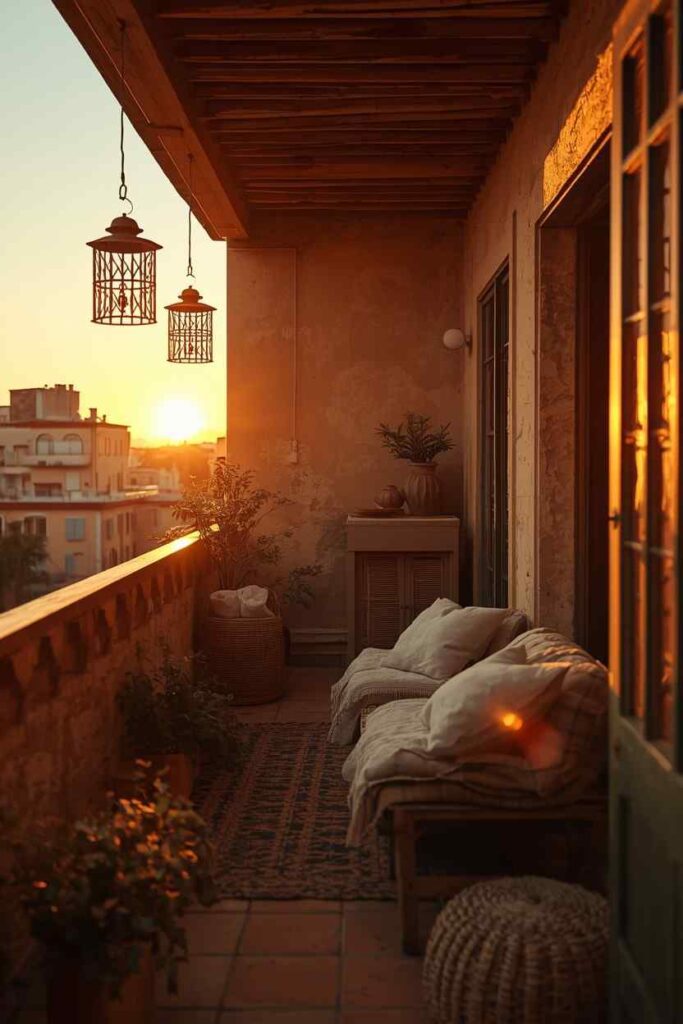 Long narrow Mediterranean balcony lined with low-profile benches, runner rugs, and hanging metal lanterns.