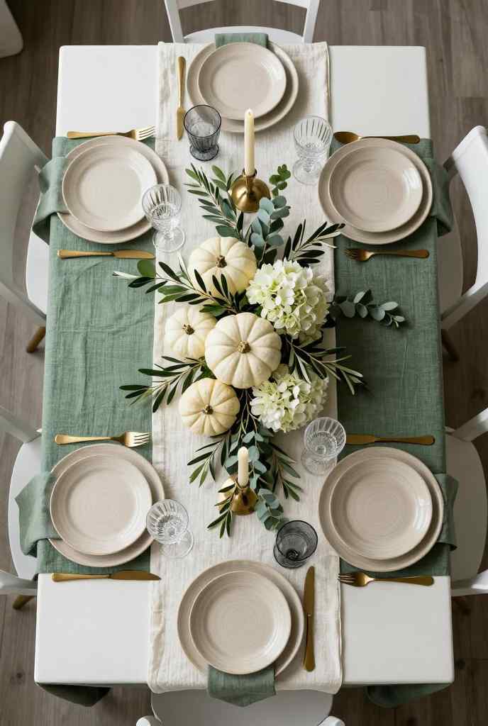 Organic sage green fall tablescape with white pumpkins and eucalyptus centerpiece
