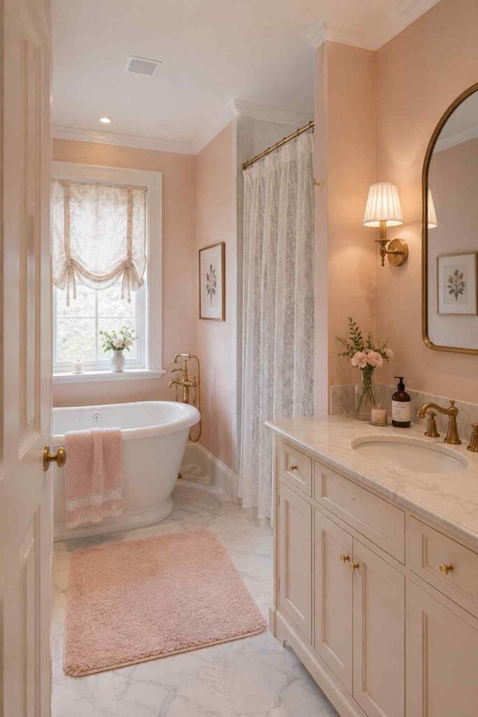 17 Cozy Bathroom Ideas to Create a Warm and Relaxing Retreat 11 Soft blush pink bathroom with elegant brass details, marble surfaces, and a cozy feminine design.