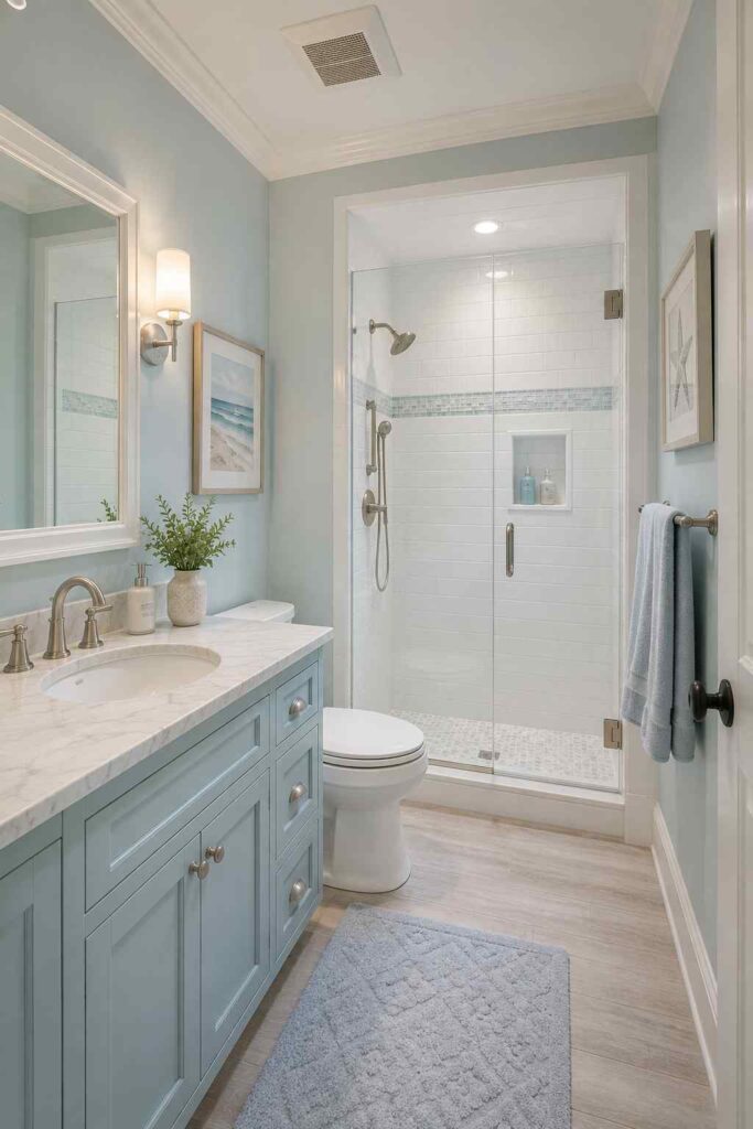 17 Cozy Bathroom Ideas to Create a Warm and Relaxing Retreat 4 Coastal-inspired bathroom with soft blue cabinetry, bright natural light, and a clean modern layout.
