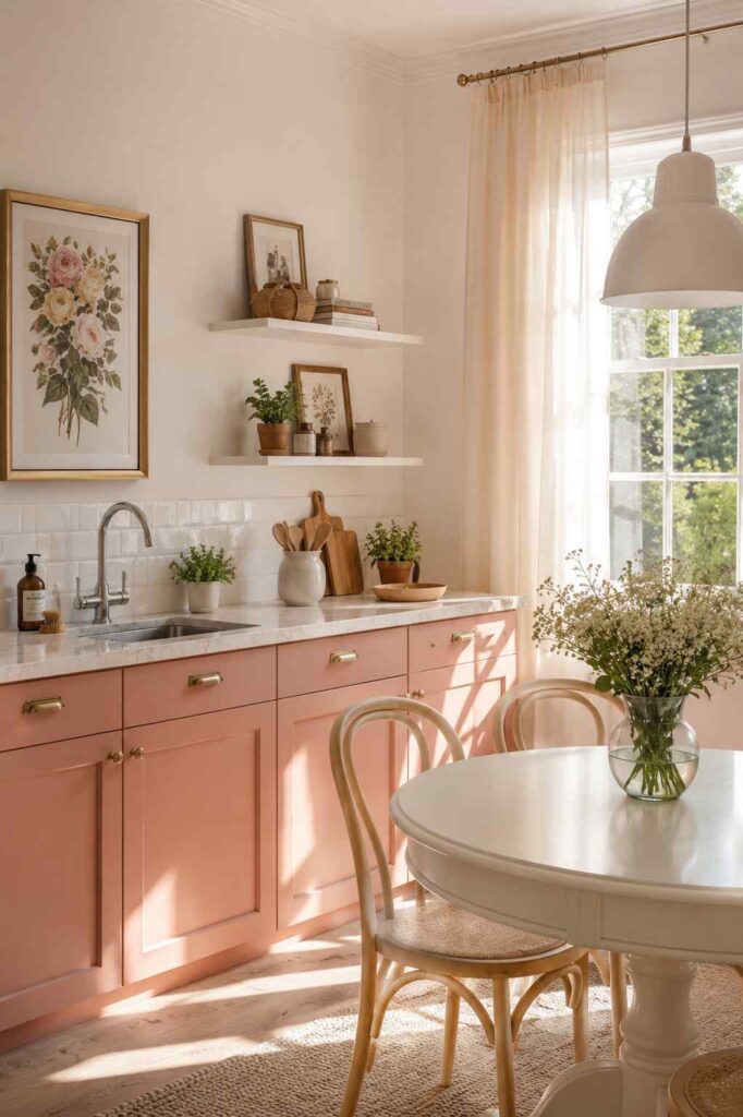 Soft pink cottagecore kitchen featuring warm wood details, vintage styling and charming cozy decor.