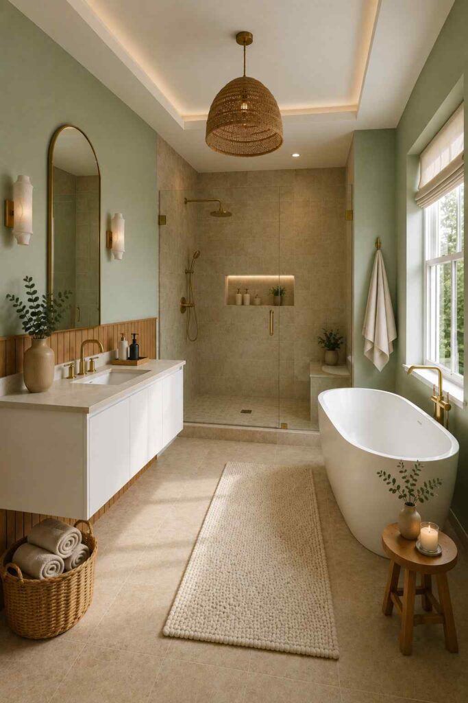 17 Cozy Bathroom Ideas to Create a Warm and Relaxing Retreat 6 Soft sage green bathroom with a floating oak vanity, brushed brass fixtures, and a spacious walk-in shower.