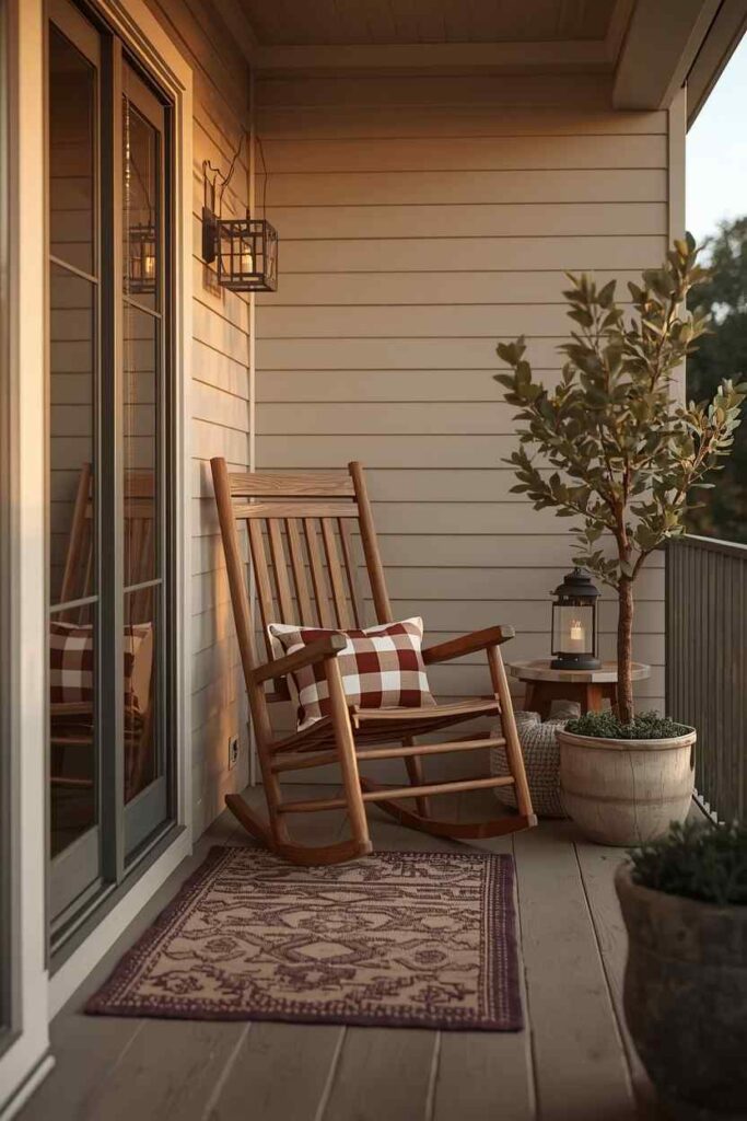 Traditional American farmhouse balcony with a wooden rocking chair, a buffalo check pillow, and an olive tree.