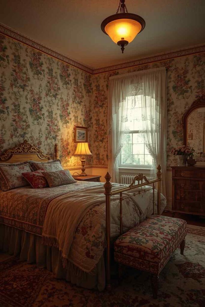 17 Vintage Bedroom Ideas That Feel Cozy, Elegant & Timeless 14 Aesthetic cottagecore vintage bedroom filled with climbing wall greenery, hanging plants, a rustic wooden bed, and soft floral patterned blankets.