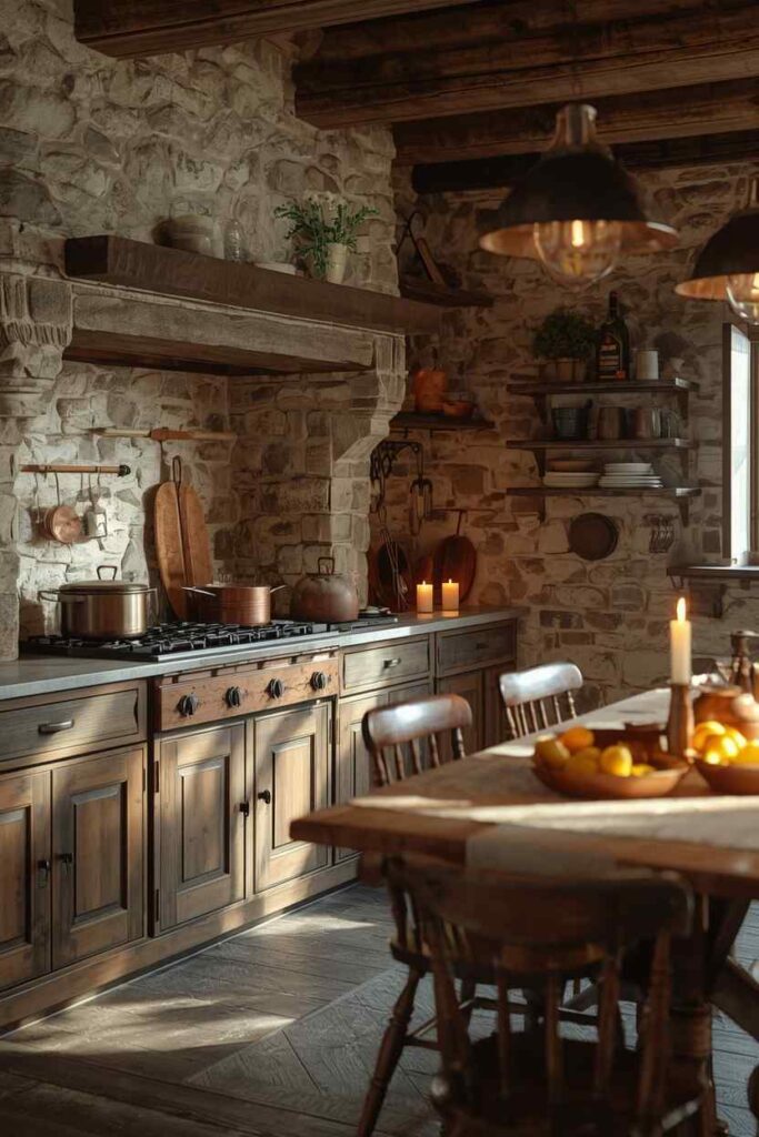 Stone wall cottagecore kitchen with rustic textures, warm wood accents and cozy farmhouse feel.