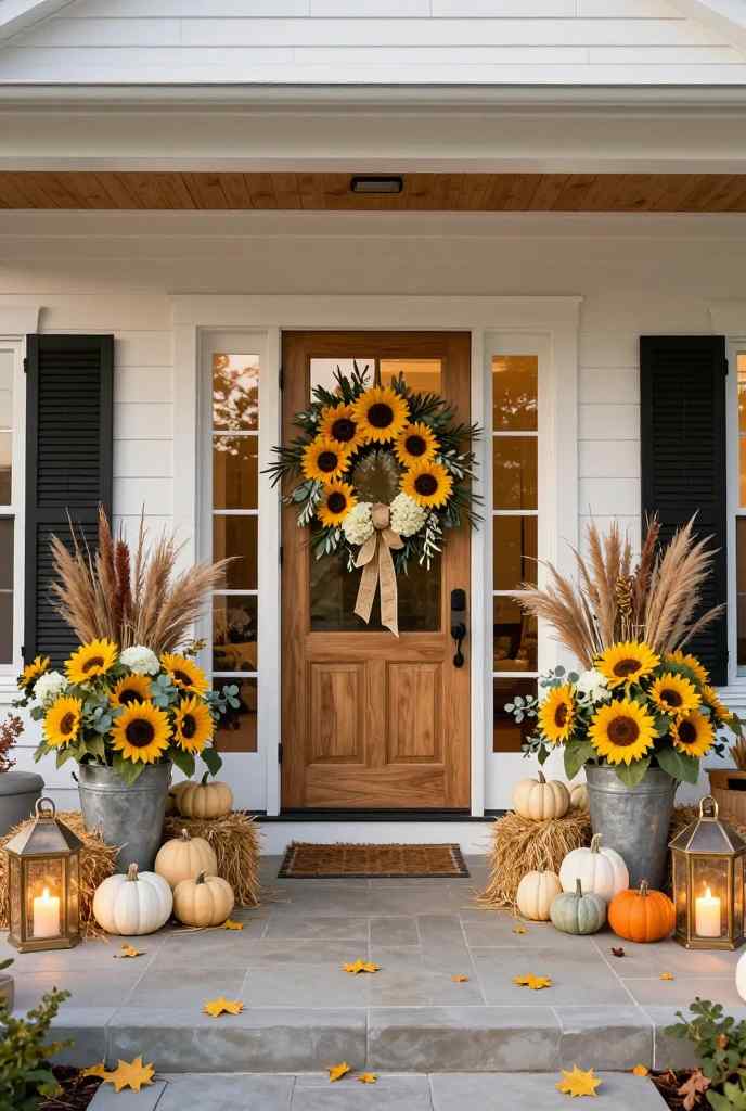 Bright sunflower wreath, galvanized planters and white pumpkins decorate a cheerful fall porch.