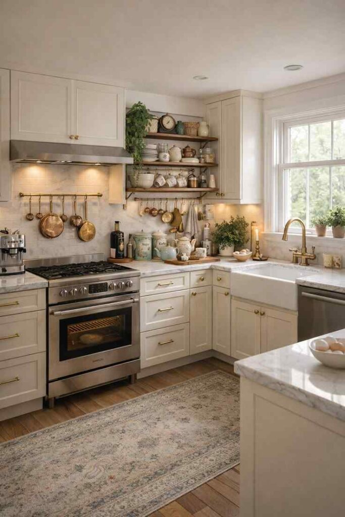Warm neutral cottagecore kitchen filled with soft sunlight, vintage details and cozy farmhouse charm.