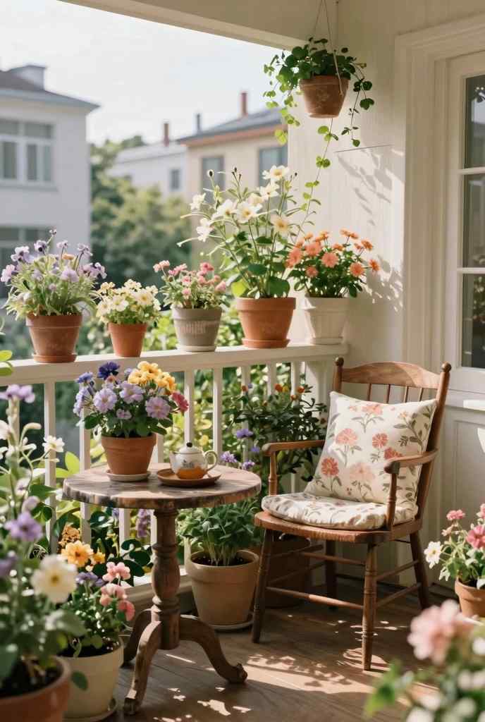 Small wooden balcony enclosed with climbing green vines, a folding wooden armchair, and potted lavender.