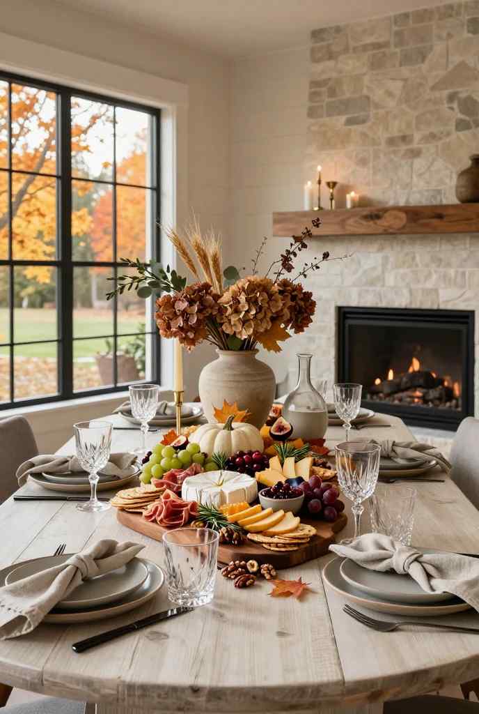 Thanksgiving dining table featuring a charcuterie board with cheese, fruit and seasonal decor