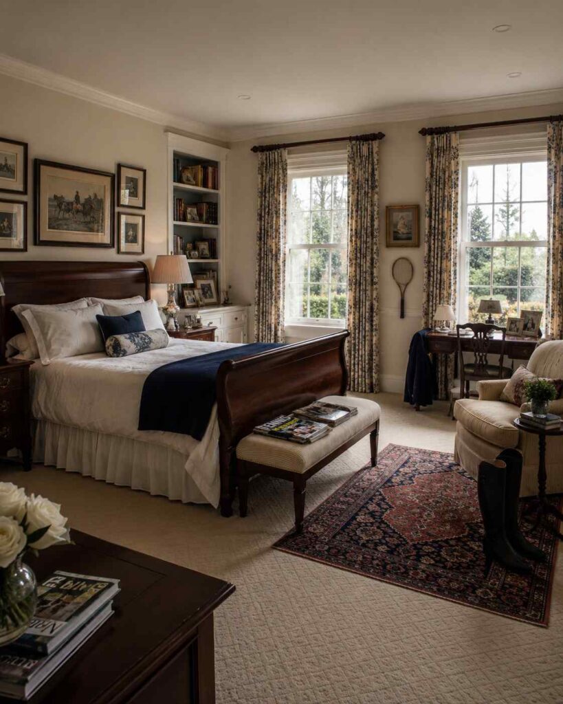 17 Vintage Bedroom Ideas That Feel Cozy, Elegant & Timeless 11 Classic traditional American vintage bedroom with rich walnut wood furniture, a library corner, a patterned traditional area rug, and warm timeless decor.