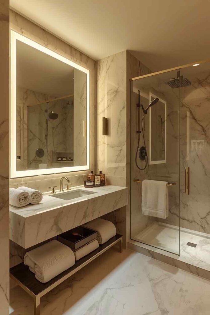 17 Cozy Bathroom Ideas to Create a Warm and Relaxing Retreat 7 Elegant marble bathroom inspired by luxury hotels with refined finishes and a spacious layout.