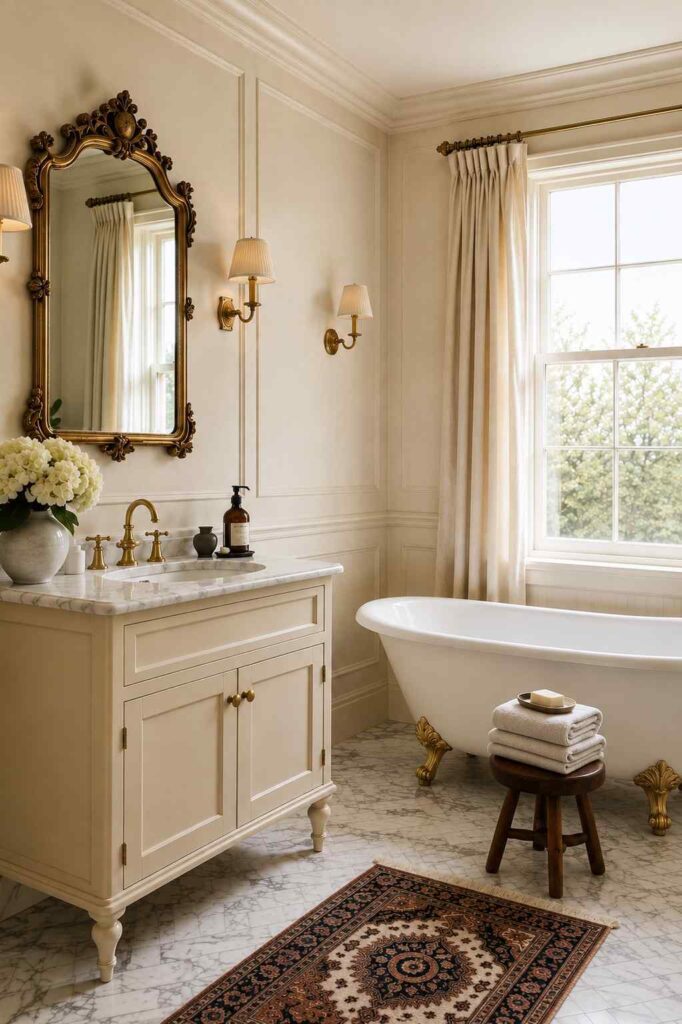 17 Cozy Bathroom Ideas to Create a Warm and Relaxing Retreat 16 Traditional bathroom featuring vintage brass fixtures, an ornate mirror, and classic marble flooring.