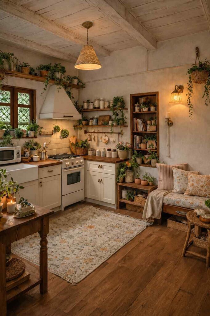 Warm rustic cottagecore kitchen with vintage wood accents, cozy lighting and farmhouse decor.