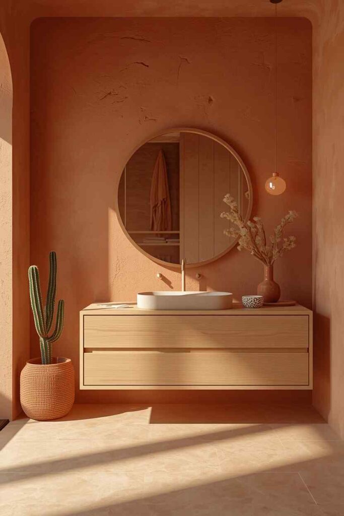 17 Cozy Bathroom Ideas to Create a Warm and Relaxing Retreat 10 Organic bathroom with warm terracotta tones, natural textures, and a modern minimalist design.