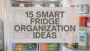 Beautifully organized refrigerator featuring labeled storage bins, dairy section, beverage station, rolling egg holder, fresh produce containers, and smart fridge organization ideas for maximizing space