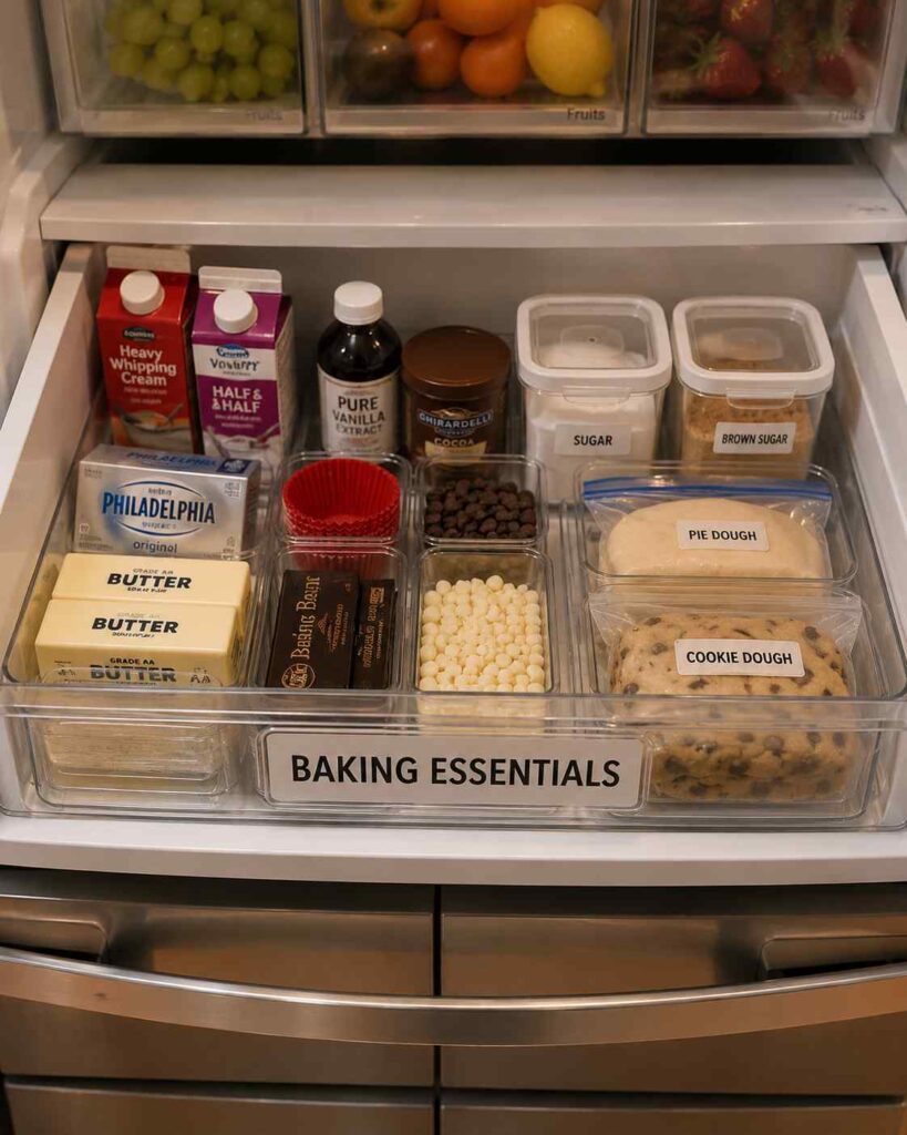 15 Smart Fridge Organization Ideas That Save Space and Reduce Food Waste 12 Organized refrigerator shelf with labeled containers storing baking essentials like flour, sugar, cocoa powder, and baking ingredients.