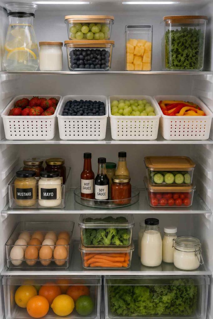 15 Smart Fridge Organization Ideas That Save Space and Reduce Food Waste 1 Fresh fruits and vegetables stored in breathable produce containers inside an organized refrigerator to keep produce fresh longer.