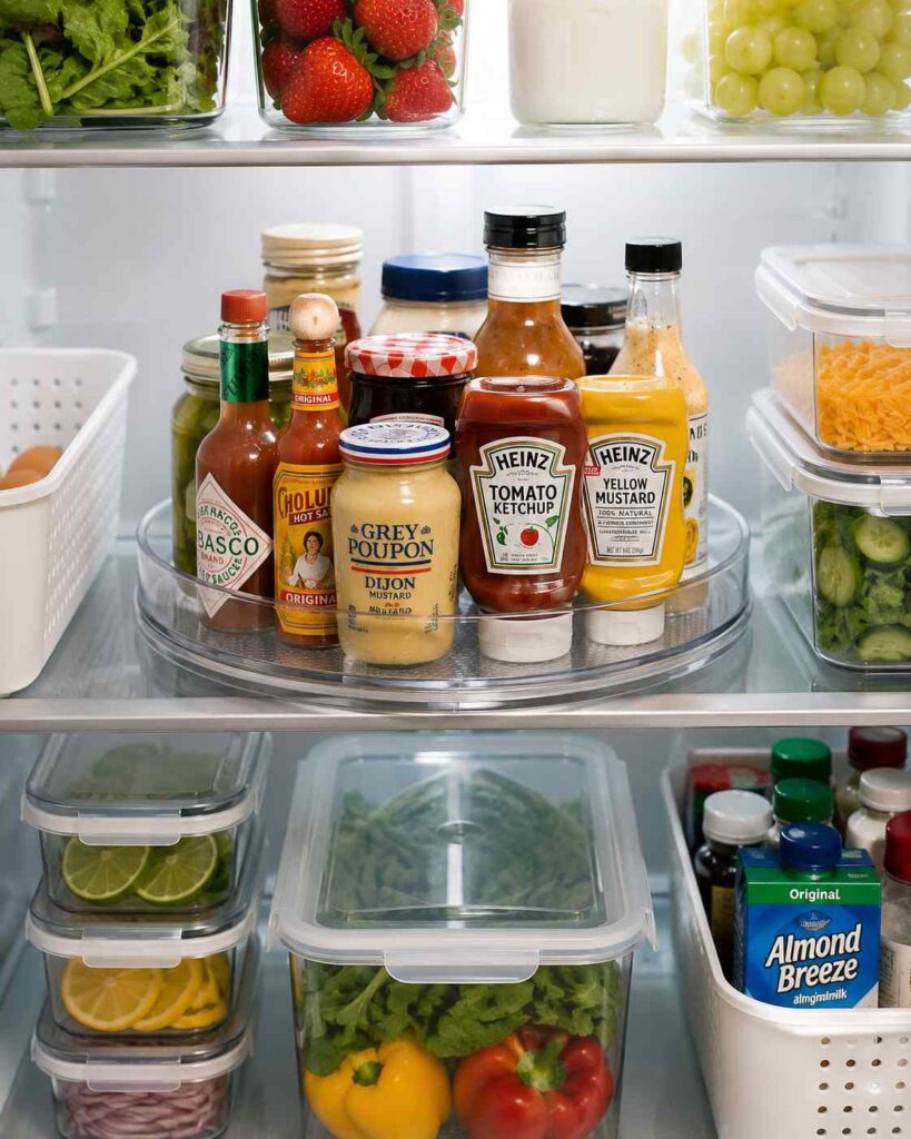 15 Smart Fridge Organization Ideas That Save Space and Reduce Food Waste 4 Refrigerator condiment station organized with a clear lazy Susan holding sauces, dressings, and everyday condiments for easy access.