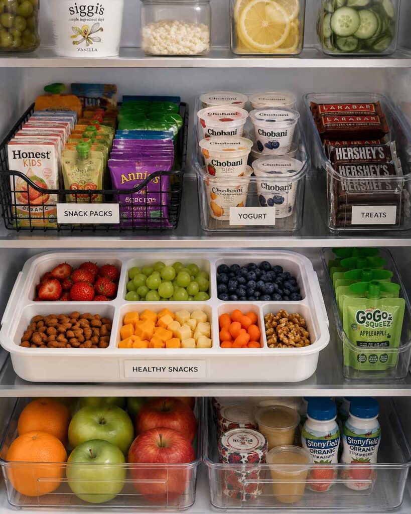 15 Smart Fridge Organization Ideas That Save Space and Reduce Food Waste 6 Organized refrigerator snack zone with labeled bins holding healthy snacks, yogurt, fruit cups, and grab-and-go foods.
