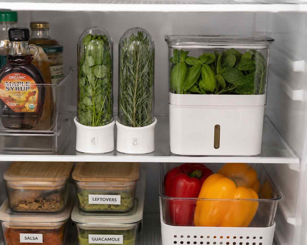 15 Smart Fridge Organization Ideas That Save Space and Reduce Food Waste 10 Fresh herbs stored in herb keeper containers alongside neatly organized condiments inside a clean refrigerator.
