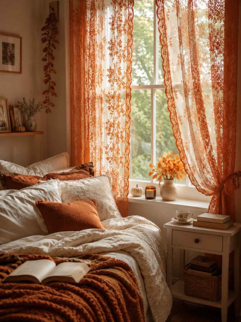 Cozy fall bedroom with lace curtains filtering warm sunlight and rustic autumn decorations