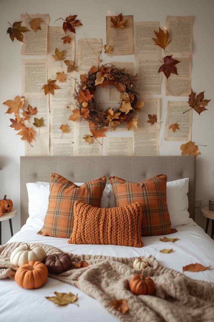 Storybook-inspired cozy fall bedroom decorated with warm bedding, candles and autumn accents