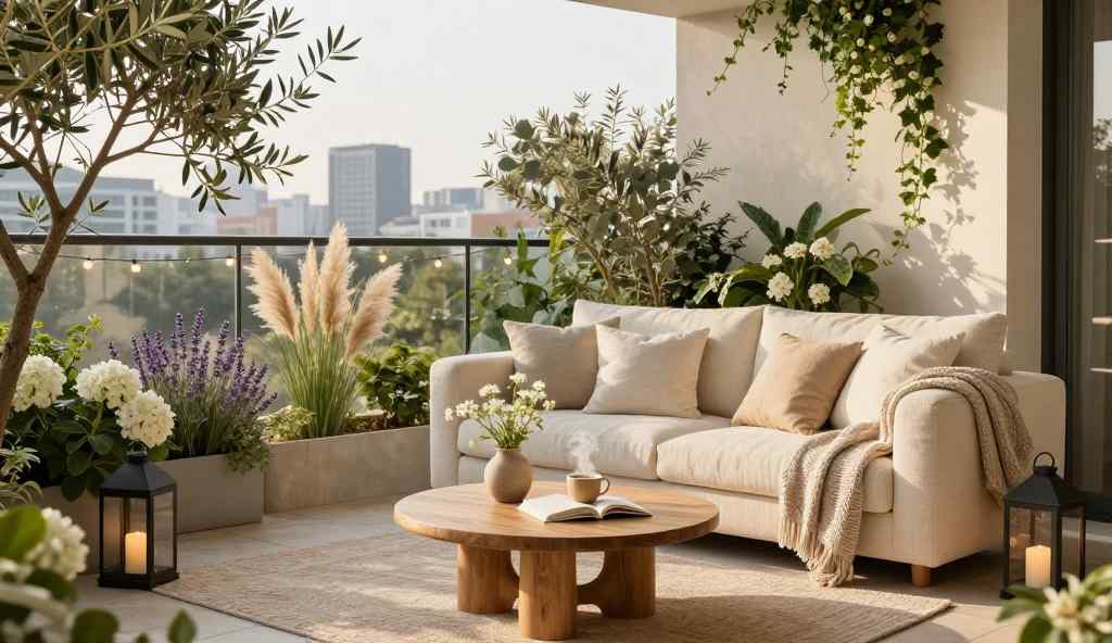 A cozy modern apartment balcony featuring a cream outdoor sofa, wooden coffee table, lush greenery, white flowers, lanterns, and warm natural sunlight creating a relaxing outdoor retreat.