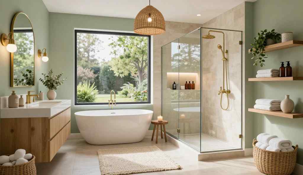 Cozy spa-inspired bathroom with a freestanding bathtub, sage green walls, natural wood vanity, brass fixtures, soft natural light, and warm relaxing decor.