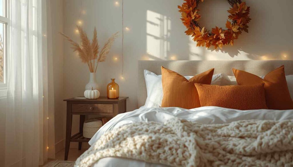 A cozy fall bedroom featuring white bedding layered with orange plaid pillows, a terracotta knit cushion, and a beige blanket, with a simple autumn leaf wreath on the wall and a glowing candle on the nightstand.
