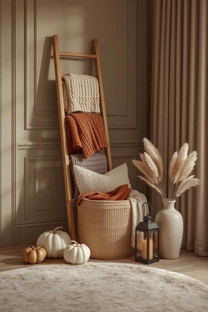 Wooden blanket ladder styled with soft fall blankets in a cozy autumn bedroom