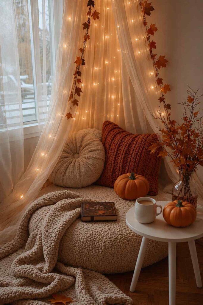 Warm autumn reading corner with cozy chair, knit blanket, books and soft ambient lighting