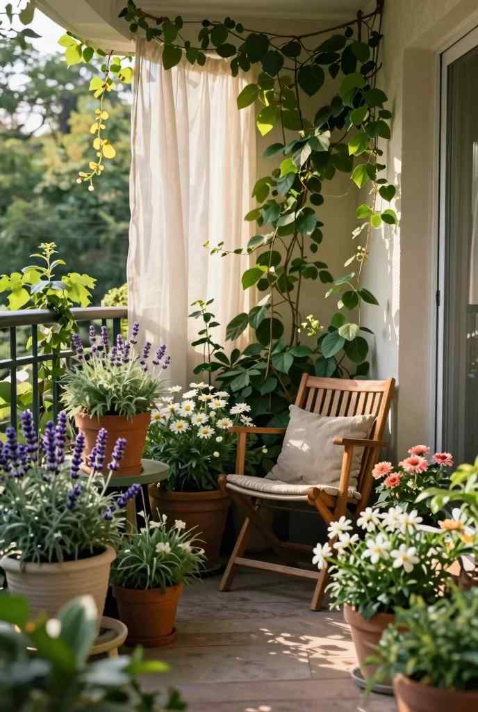 Small apartment balcony decorated like an English cottage garden with a wooden folding chair, climbing vines, cream curtains, and terracotta pots of lavender and daisies.