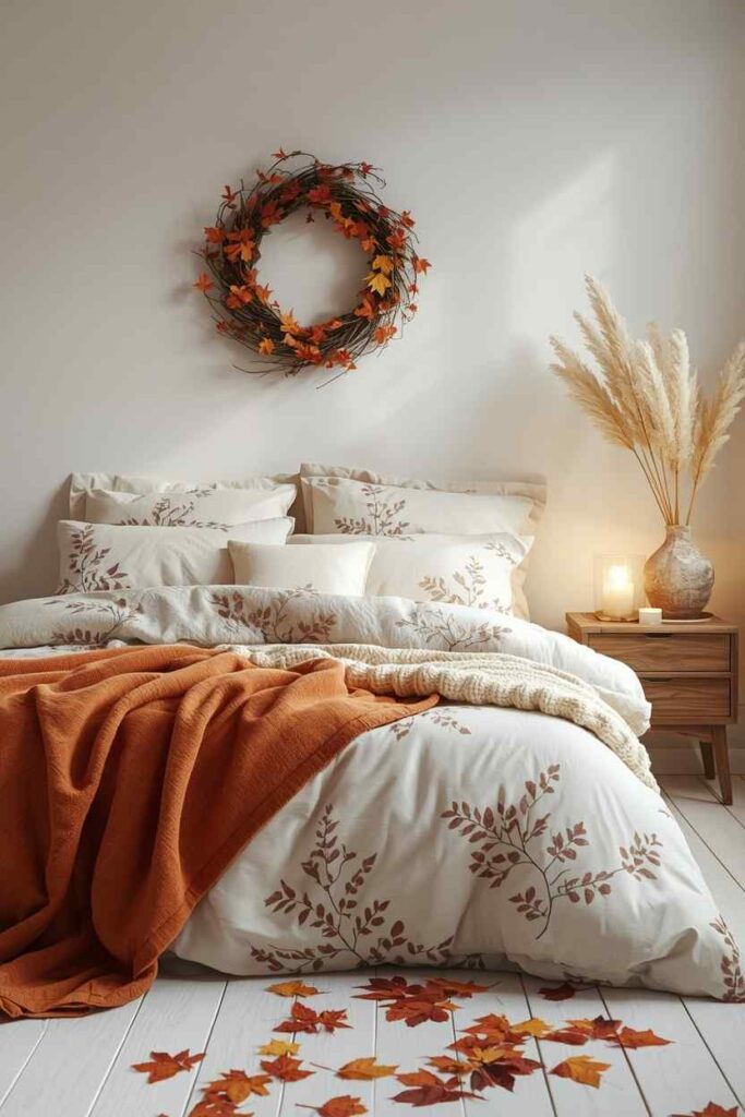 Modern luxury fall bedroom with neutral tones, textured bedding and elegant autumn styling