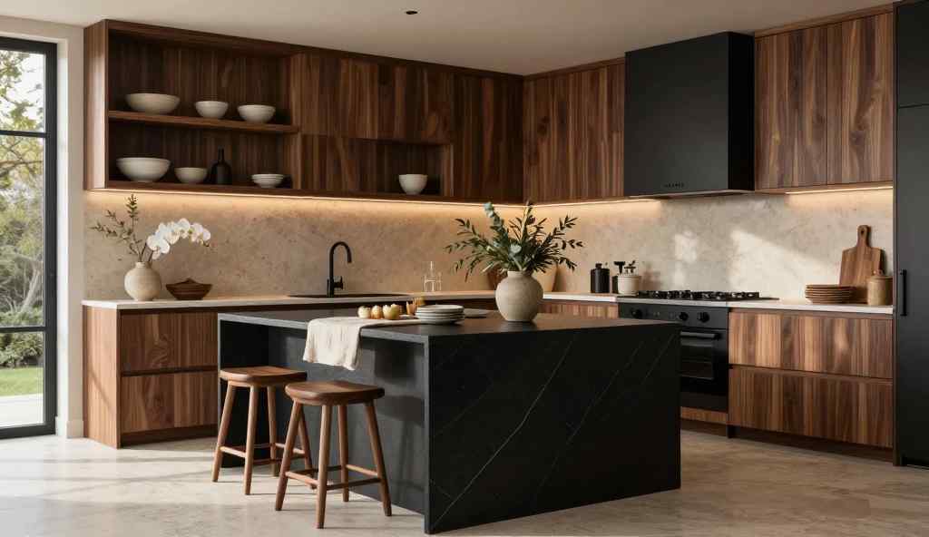 An elegant Japandi kitchen featuring dark walnut wood cabinets, matte black accents, a black stone island, warm ambient lighting, natural greenery, and minimalist decor for a calm and timeless design.