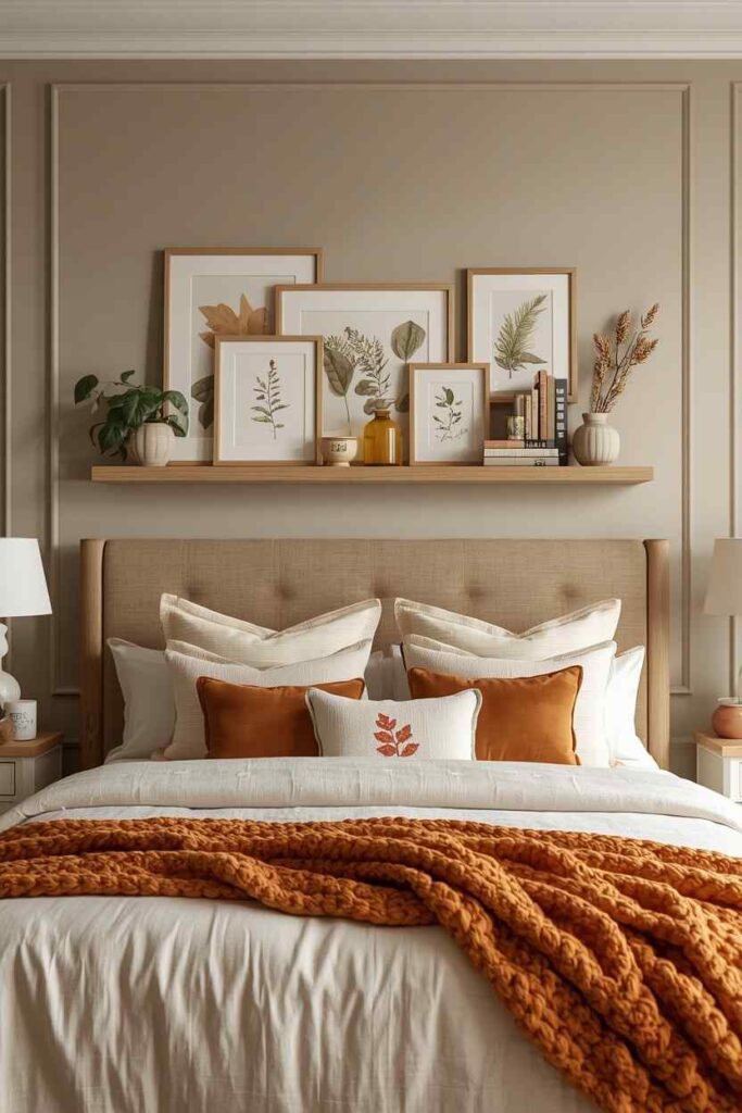 Elegant fall bedroom featuring botanical gallery wall art above a cozy bed with autumn decor