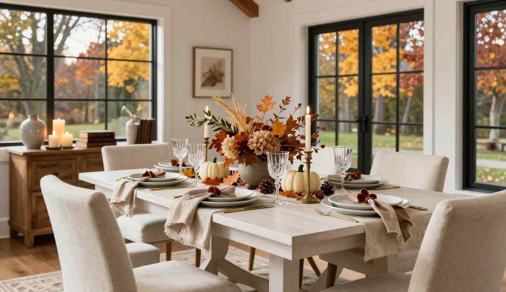 Cozy fall dining table decor with white pumpkins, candles, autumn centerpiece, and neutral table setting in a warm modern farmhouse dining room.